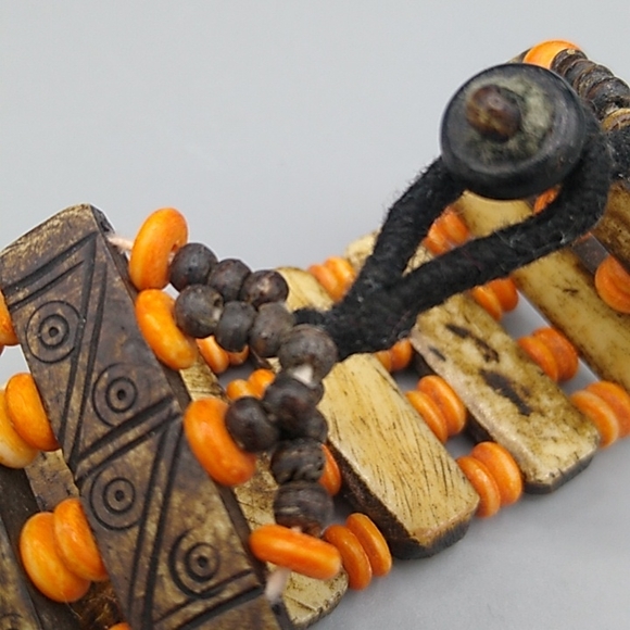 Handmade Engraved Wood & Bead Wide Cuff Bracelet with Black Cord Button Closure - Picture 3 of 12